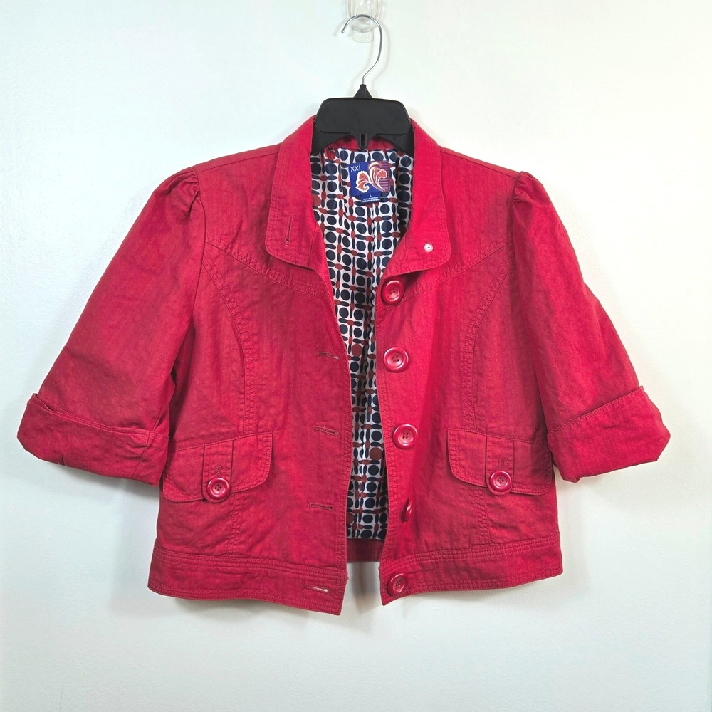 Forever XXI Womens Red Cropped 3/4 Sleeve Button Y2K Lined Jacket Large Vintage‎